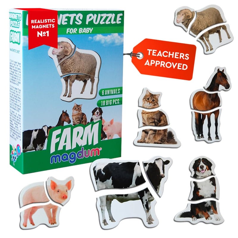 magdum Farm Magnetic Puzzles for Kids â€“ 6 Big Magnetic Animals for Baby - Realistic Toddler Magnet for Refrigerator - Travel Games â€“ Real Farm Magnets for Fridge - Learning Toy Set - Baby Educational Gift - Image 1